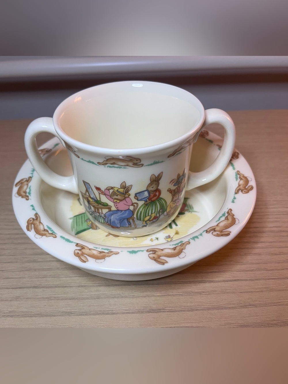 Vintage Royal Doulton Bunnykins 2pc Set - China Bowl & 2-Handled Mug England